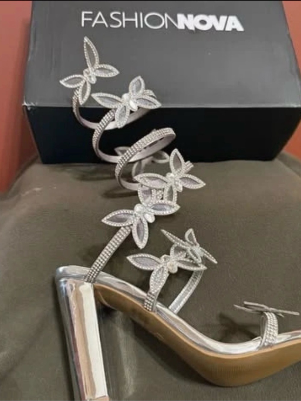 Fashion Nova Silver Crystal Floral Wrap-Heel Sandals